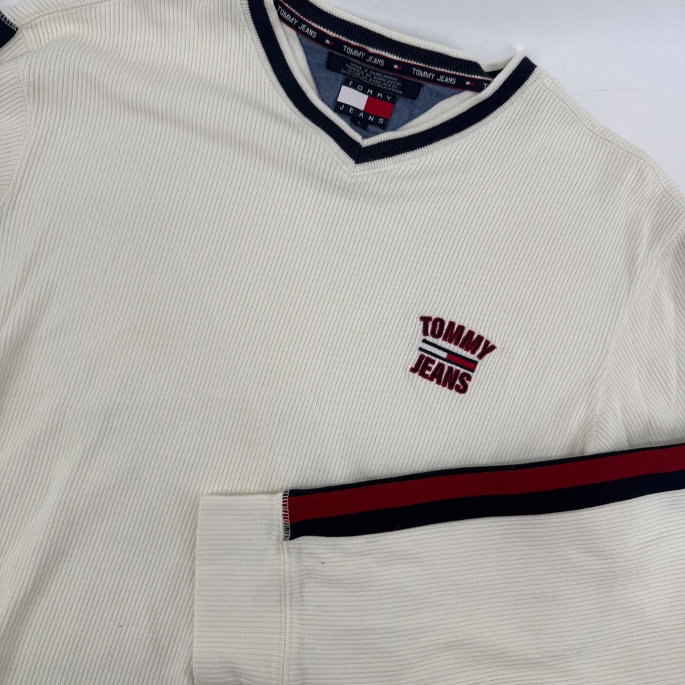 Tommy Jeans Y2K Mens Ribbed V-Neck Long Sleeve Shirt Cream White Stripe Logo LG